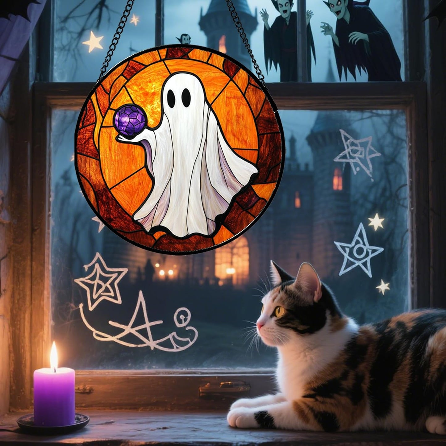 Stained Glass Window Hanging - Halloween Decorations Ghosts Vampire Suncatcher for Doors Garden Indoor Funny Spooky Sun Catchers Gothic Decor Horror Gifts for Women Men Friend 6.3 in