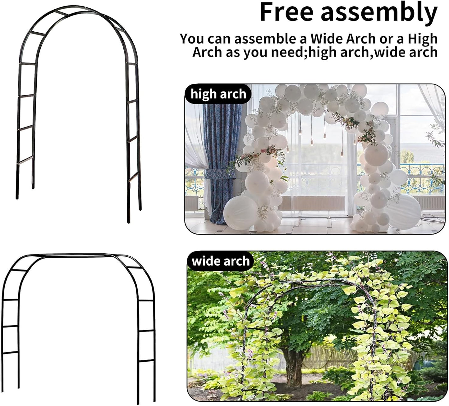 RUBFAC 94" Metal Garden Arch Trellis for Climbing Plants Outdoor, Garden Arbors and Arches, Wedding Arch Frame Archway for Balloons Pumpkin Vines Halloween Christmas Party Decoration, Black