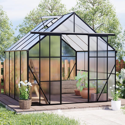 KEIKI 8x8 FT Double Door Polycarbonate Greenhouse with Aluminum Frame,Raised Base and Roof Vent,Walk-in Greenhouses for Patio Garden