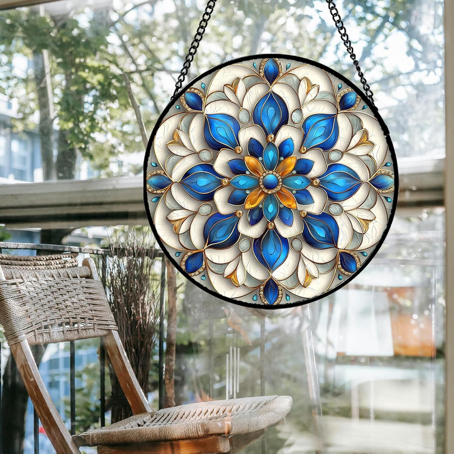 Stained Glass Window Hanging - Blue and White Abstract Flowers Suncatcher for Door Terrace Garden Home Decor, Gold Sun Catcher Birthday Gifts for Lovers Women Men Dad Mom Nana 7.8 in