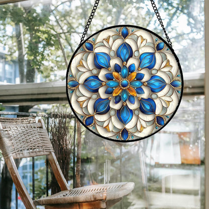 Stained Glass Window Hanging - Blue and White Abstract Flowers Suncatcher for Door Terrace Garden Home Decor, Gold Sun Catcher Birthday Gifts for Lovers Women Men Dad Mom Nana 15 in