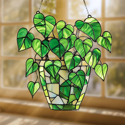 Pothos Acrylic Suncatcher Stained Glass Effect Window Car Hanging Christmas Ornament Indoor Outdoor Decor Garden Sun Catcher Panel Gifts for Nature Lover for Women Mom Grandma