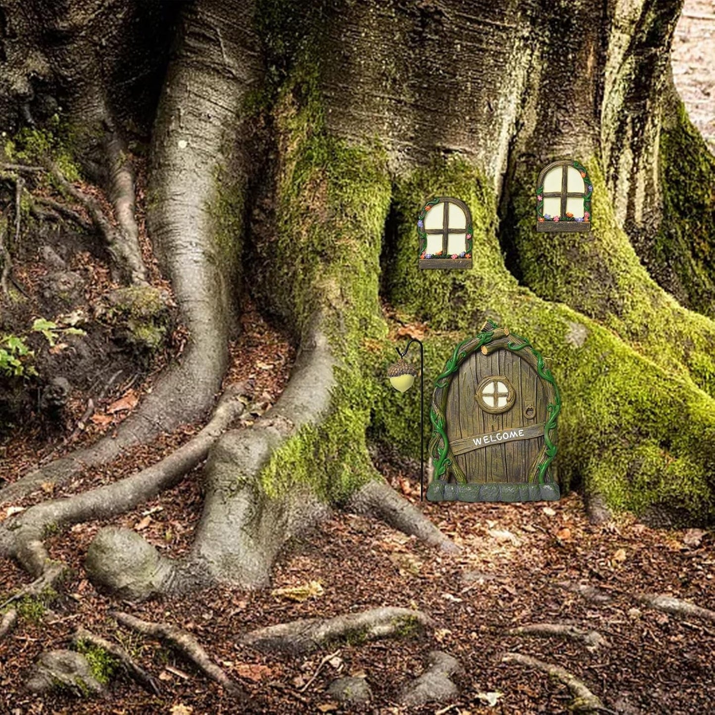 Resin Fairy Door and Window with Lantern for Trees,Glow in The Dark,Miniature Fairy Garden Accessories,Garden Outdoor Decorations for Trees,Gnomes House,Elf House
