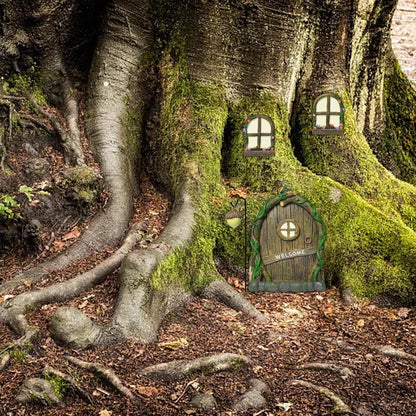 Resin Fairy Door and Window with Lantern for Trees,Glow in The Dark,Miniature Fairy Garden Accessories,Garden Outdoor Decorations for Trees,Gnomes House,Elf House