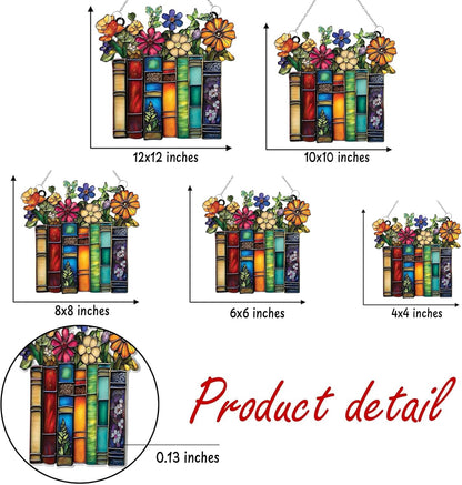 Flower and Books Bookish Acrylic Suncatcher Stained Glass Effect Window Car Hanging Christmas Ornament Indoor Outdoor Decor Garden Bookworm Sun Catcher Book Lover for Women Mom Grandma