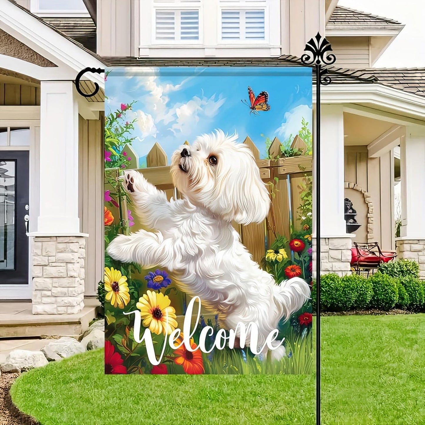 BlissYard Welcome Spring Summer Flowers Maltese Dog Garden Flag Lovely Floral Seasonal Home Decor Banner 12x18 Double Sided Funny Dog Garden Flag Farmhouse Outdoor Yard Decoration Flag