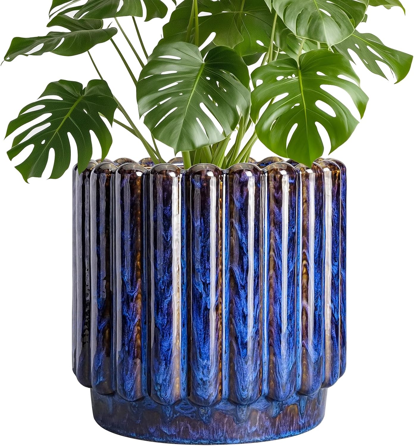 Ceramic Planter - 9.6 Inch Ceramic Plant Pots Indoor Outdoor, Round Flower Pots with Drainage Hole, Large Fluted Modern Planter, Room Home Bedroom Decor, Plant Lover Gifts, Blue