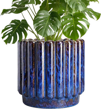 Ceramic Planter - 9.6 Inch Ceramic Plant Pots Indoor Outdoor, Round Flower Pots with Drainage Hole, Large Fluted Modern Planter, Room Home Bedroom Decor, Plant Lover Gifts, Blue