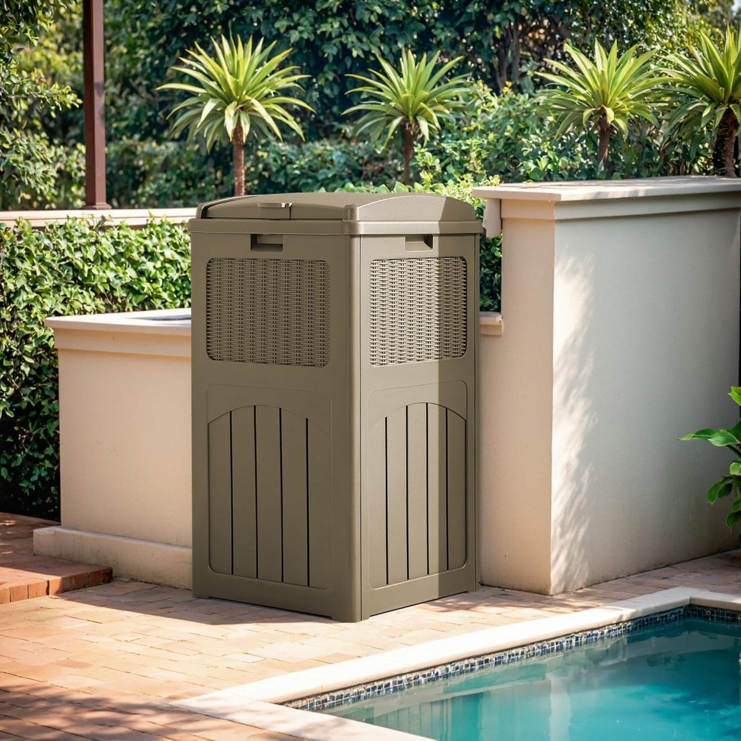 Devoko 33 Gallon Outdoor Trash Can, Hideaway Garbage Bins with Tiered Lid, Waterproof Resin Outside Waste Bins for Patio, Outside Pool, Backyard and Deck (1, Brown)