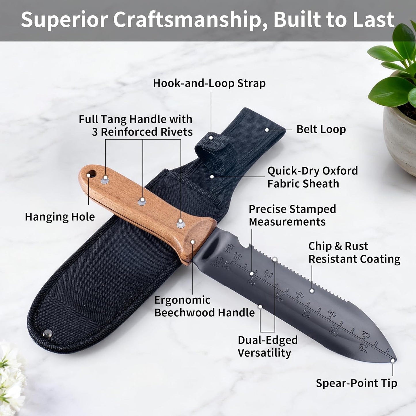 YANG Hori Hori Garden Knife, 7" Stainless Steel Gardening Knife with Oxford Cloth Sheath, Full Tang Beechwood Handle EDC Garden Tool for Digging, Planting & Weeding, Pointed Tip for Hard Soil