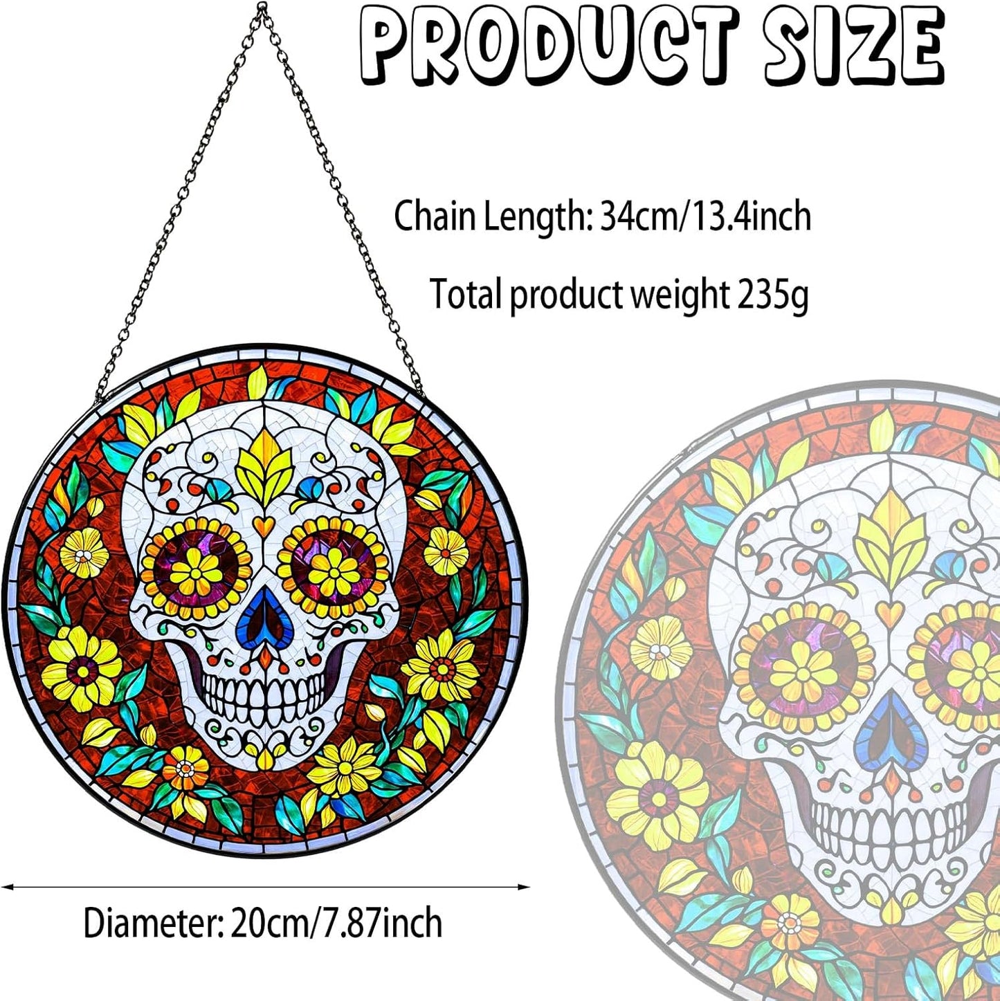 Dia De Los Muertos Sugar Skull Stained Glass Window Hanging Skull Sun Catcher Halloween Decor Halloween Home Decoration Suncatchers for Garden Home Windows Hanging, 7.87inch