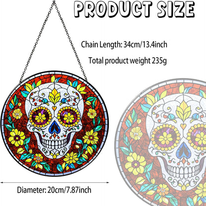 Dia De Los Muertos Sugar Skull Stained Glass Window Hanging Skull Sun Catcher Halloween Decor Halloween Home Decoration Suncatchers for Garden Home Windows Hanging, 7.87inch