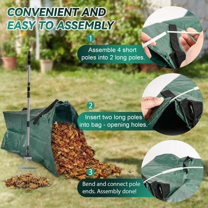Yard Waste Bags, Leaf Dustpan, Leaves Collector, Yard Dustpan Type Garden Bag for Collecting Leaves, Garden Waste Container, with Adjustable Metal Leaf Rake Long Handle and Gloves