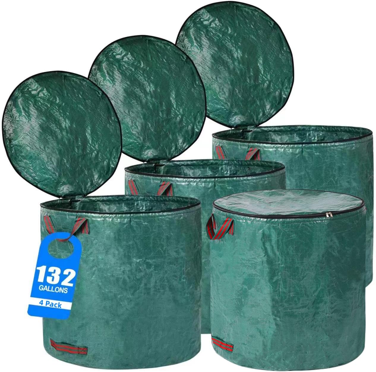 4 Pack 132 Gallons Reusable Yard Waste Bags with Double Bottom and Zipper Lid, Heavy Duty with 4 Handles, Garden Waste Container for Debris, Grass Clipping