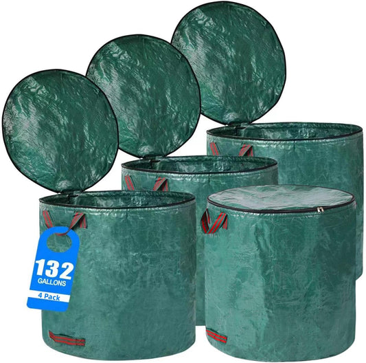 4 Pack 132 Gallons Reusable Yard Waste Bags with Double Bottom and Zipper Lid, Heavy Duty with 4