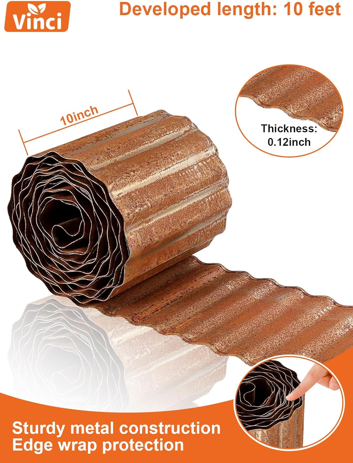 Vinci Garden Landscape Edging Border, 10 Inch x 10 FT Corrugated Sturdy Metal Easy Installation Safe Hemmed Lawn Garden Border Edges for DIY Flower Beds,Pathways and Patio Design (Rusted)