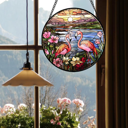 Stained Glass Window Hanging - Flamingo Wildflowers Landscape Suncatcher for Door Terrace Garden Home Decor Sunset Lake Sun Catcher Birthday Gifts for Lovers Women Men Dad Mom Nana 6.3 in
