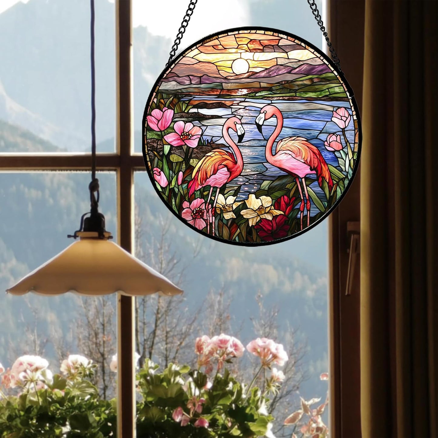 Stained Glass Window Hanging - Flamingo Wildflowers Landscape Suncatcher for Door Terrace Garden Home Decor Sunset Lake Sun Catcher Birthday Gifts for Lovers Women Men Dad Mom Nana 11.8 in