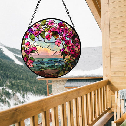 Stained Glass Window Hanging, Purple Flower Landscape Wreath Sun Catcher for Door Home Decor Plants Suncatcher Christmas Mother's Day Birthday Gifts for Women Men Mom Nana 7.8 in