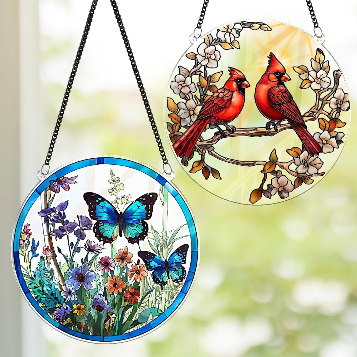 2 Cardinal Butterfly Acrylic Suncatcher, Art Decor for Home, Suncatcher for Window Hanging Indoor, Garden, Housewarming, Gift for Mom, Grandma, Women, Friend, Bird Lover SCB-A6-B3
