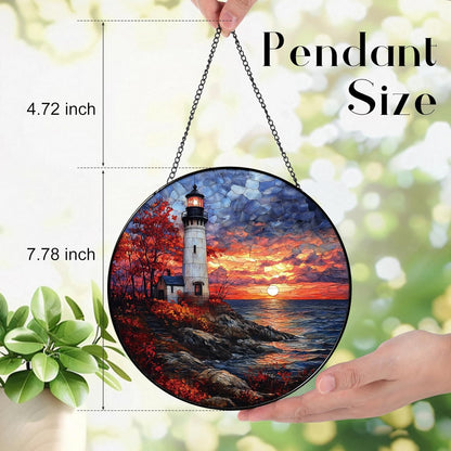 Coastal Lighthouse in Autumn Suncatcher -7.9 in Stained Glass Window Hanging Sun Catcher Garden Decor