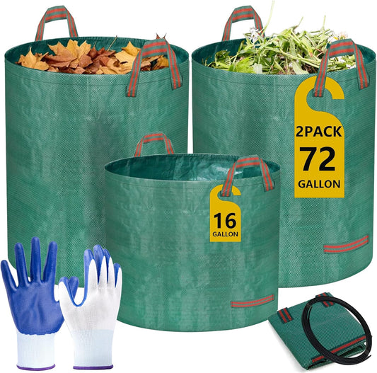 Reusable Yard Waste Bags – 3 Pack (2 x 272 Gallons + 1 x 16 Gallons), Heavy Duty Garden Leaf Bags with Reinforced Handles and Gardening Gloves for Lawn Cleanup, Debris, and Recycling