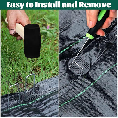 DAJAVE 100 Pack Landscape Staples 6 Inch 11 Gauge U-Shaped Garden Stakes,100Pcs Gasket with Hammer Pick Hook and Gloves Pair, Ground Staples for Securing Weed Barrier Fabric, Irrigation Tubing