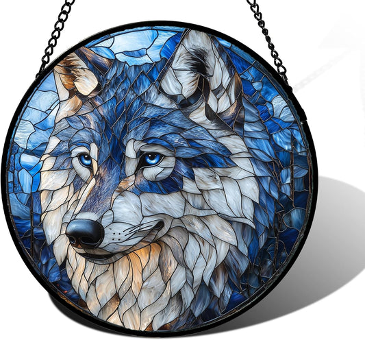 Stained Glass Window Hanging - Funny Wolf Suncatcher Ready to Hang Window Doors Home Decoration and