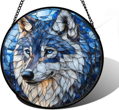 Stained Glass Window Hanging - Funny Wolf Suncatcher Ready to Hang Window Doors Home Decoration and Christmas, Mother's Day Birthday Gifts for Women, Men, and Mom 6.3x6.3 in