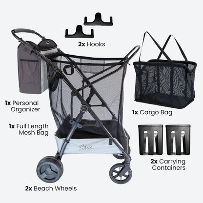 Strolee Large Wheeled Collapsible Beach Cart for Soft Sand, Shopping, Camping & Garden- Lightweight Aluminum Frame- Removable Storage Bag with Carrying Straps, X-L Capacity & Cooler Rack Dark Grey