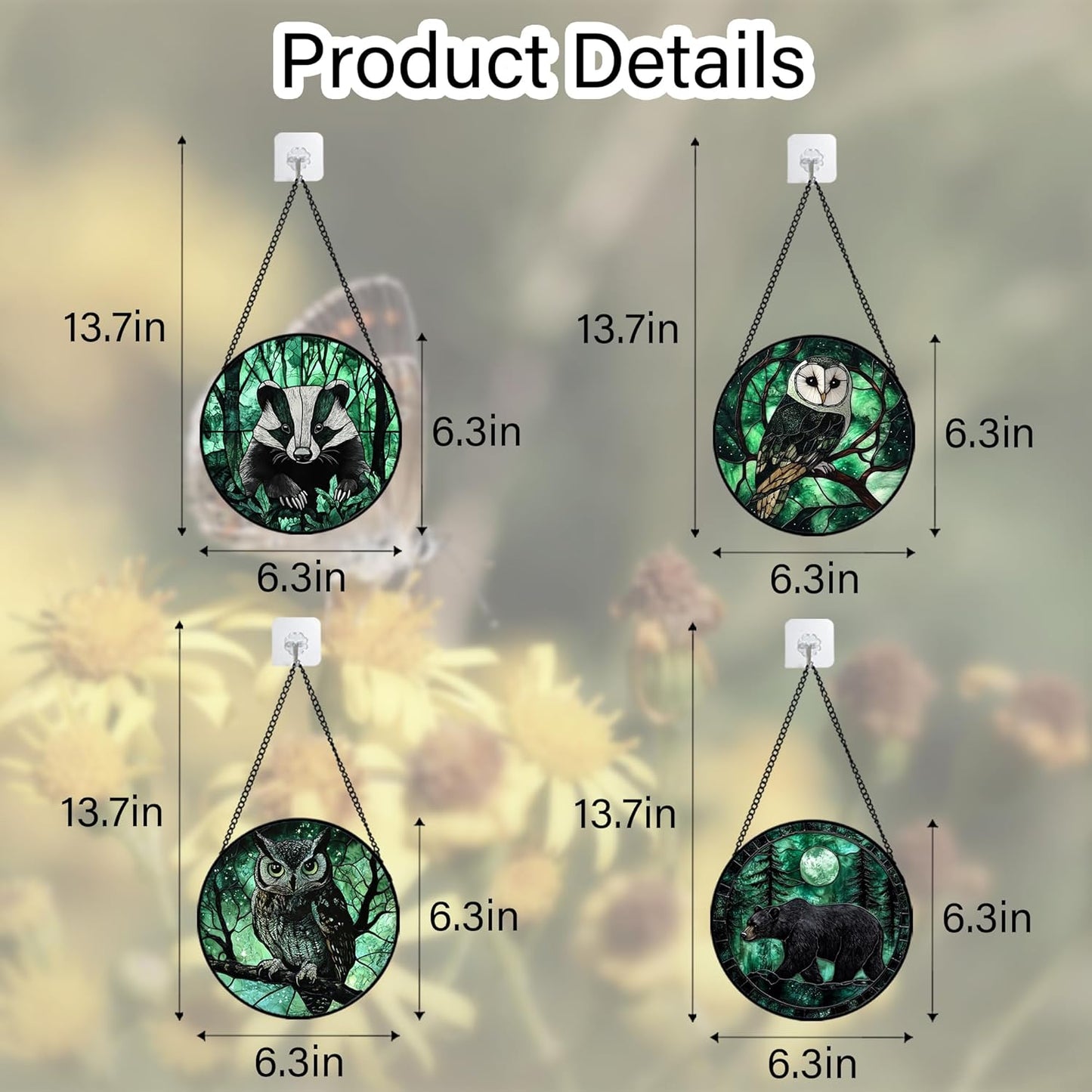 Stained Glass Window Hanging 4 Pcs Set Green Forest Night Sky Wildlife 6.3" - Suncatcher Door Garden Sun Catcher Decor Birthday for Mom Woman Nana Men Friend