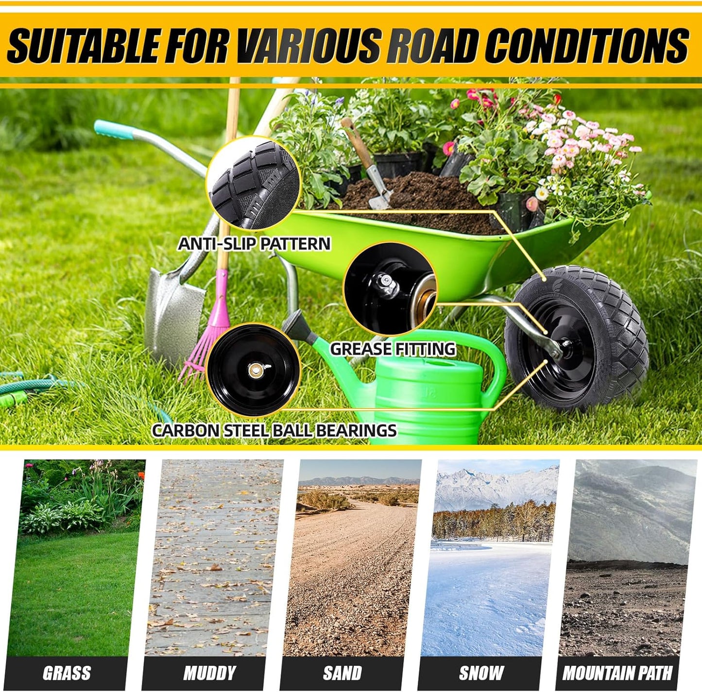 MZREXN 4.80/4.00-8" Flat Free Tire and Wheel 15" Solid Wheelbarrow Tires, 3.00-4.00/4.80-8" with 5/8" & 3/4" Bearings, 3" Centered Hub for Hand Truck Garden Trailers Utility Cart Yard Wagon 2PCS Black