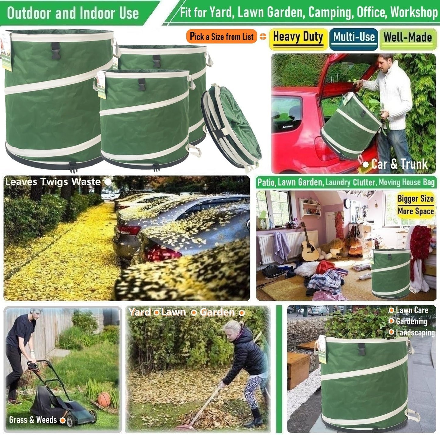 24 Gallon and 32 Gallon Collapsible Trash Can Solid Bottom for Garden Debris Bag,Yard Waste Bag,Pop-Up Trash Can,Recycling Bin,RV Camping Waste Bin,Laundry Hamper,Lawn Grass,Yard Weeds Bags,Leaf Bags