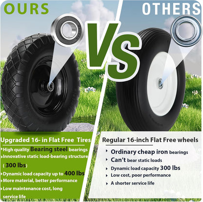 Upgraded 16" Flat Free Wheelbarrow Wheels and Tires, 4.80/4.00-8 Solid Wheelbarrow Tires with 5/8"&3/4" Bearings,14"-16" Universal Fit Wheelbarrow Wheels for Wheelbarrows/Garden Trailer