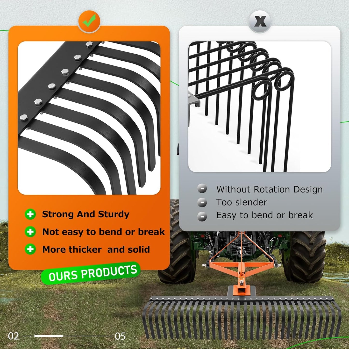 KUAFU 60 in Landscape Rake, 3 Point Rake Compatible with Category-1 Tractor, 360 Degree Rotation Tow-Behind Garden Tool for Compact Tractors for Farm, Garden, Clearing Brush, Raking Arenas 2 Package