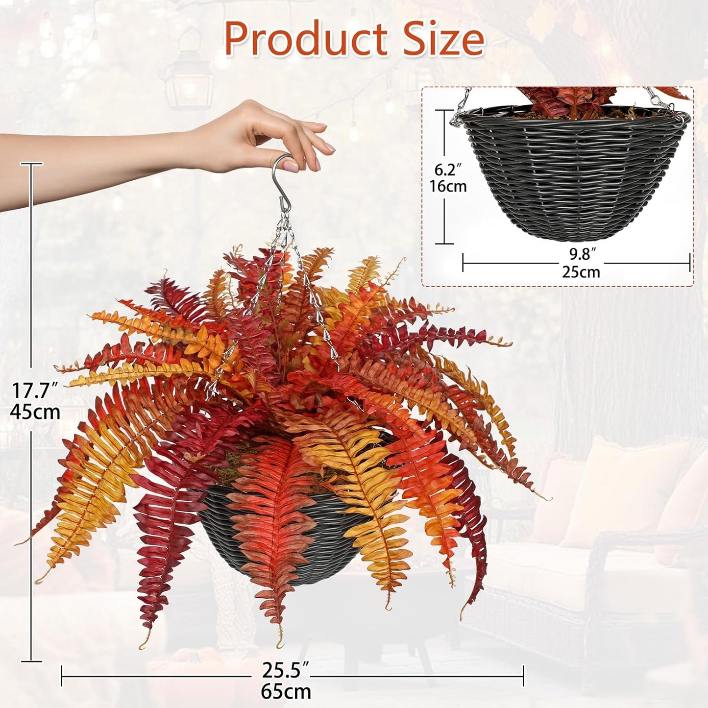Hollyone Fall Artificial Fern Fall Hanging Baskets Outdoor Indoor Silk Plant Boston Ferns Autumn Potted Plants with Black Rattan Pot for Fake Fern Bush Plant Patio Garden Farmhouse Home Decor Orange
