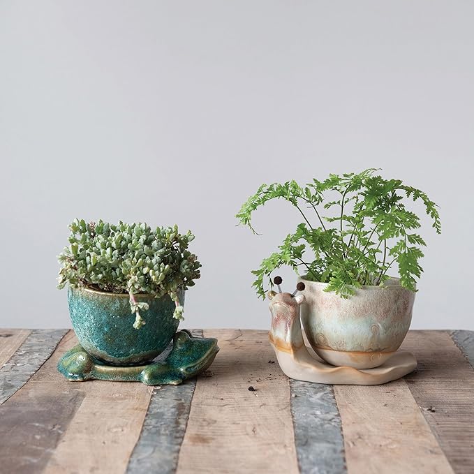 Creative Co-Op Stoneware Snail Planter, Reactive Glaze, (Each One Will Vary), Set of 2 Pieces