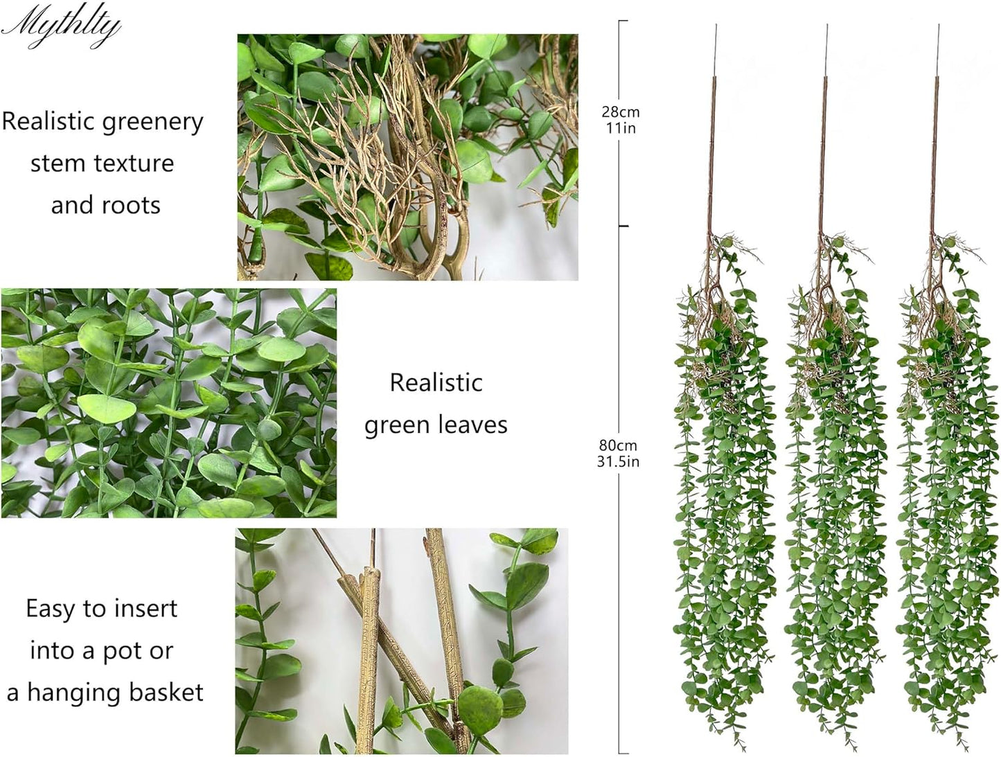 3 Eucalyptus Stems Artificial Hanging Plant, Fake Plastic Hanging Greenery Stems with Roots for Home Farmhouse Wall, Ceiling, Bathroom, Mantle, Outdoors Porch Decorations (3, Eucalyptus)
