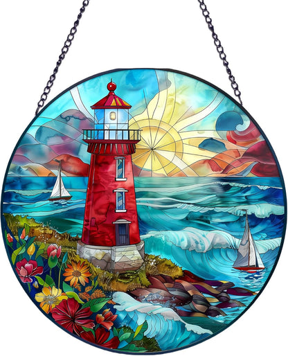Suncatcher Stained Glass Window Hanging - Lighthouse Glass Panel with Metal Chain and Hooks Handmade Sun Catcher Decoration for Window Garden Home Christmas & Birthday Gifts (8 Inch)