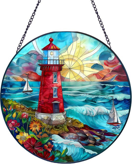 Suncatcher Stained Glass Window Hanging - Lighthouse Glass Panel with Metal Chain and Hooks