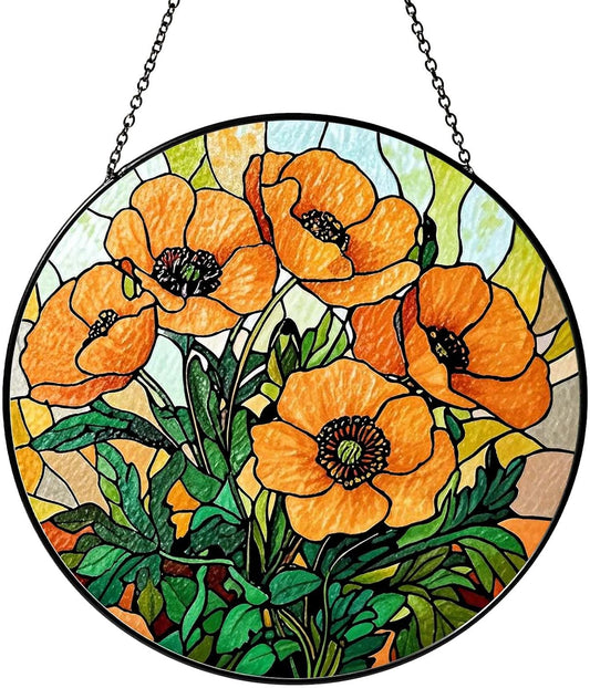 California Poppy Forest Sun Catcher Stained Glass Window Hanging Flower Lover Gifts for Women Poppy