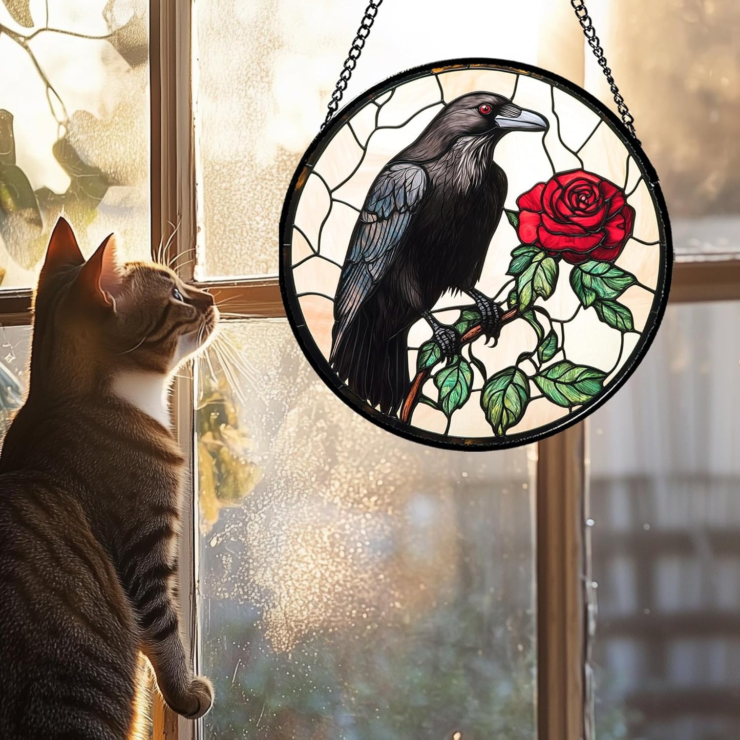 Stained Glass Window Hanging - Black Crow Red Rose Suncatcher for Doors Garden Patio Bird Sun Catchers Decor Christmas Mother's Day Birthday Gifts for Women Men Mom Nana Friend 15 in