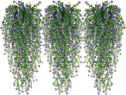 WEISPARK Artificial Hanging Flowers, 9pcs Fake Eucalyptus Vine Faux Flower Greenery Garland Plastic Plants for Indoor Outdoor Wall Garden Wedding Home Party Decor (9pcs Purple)