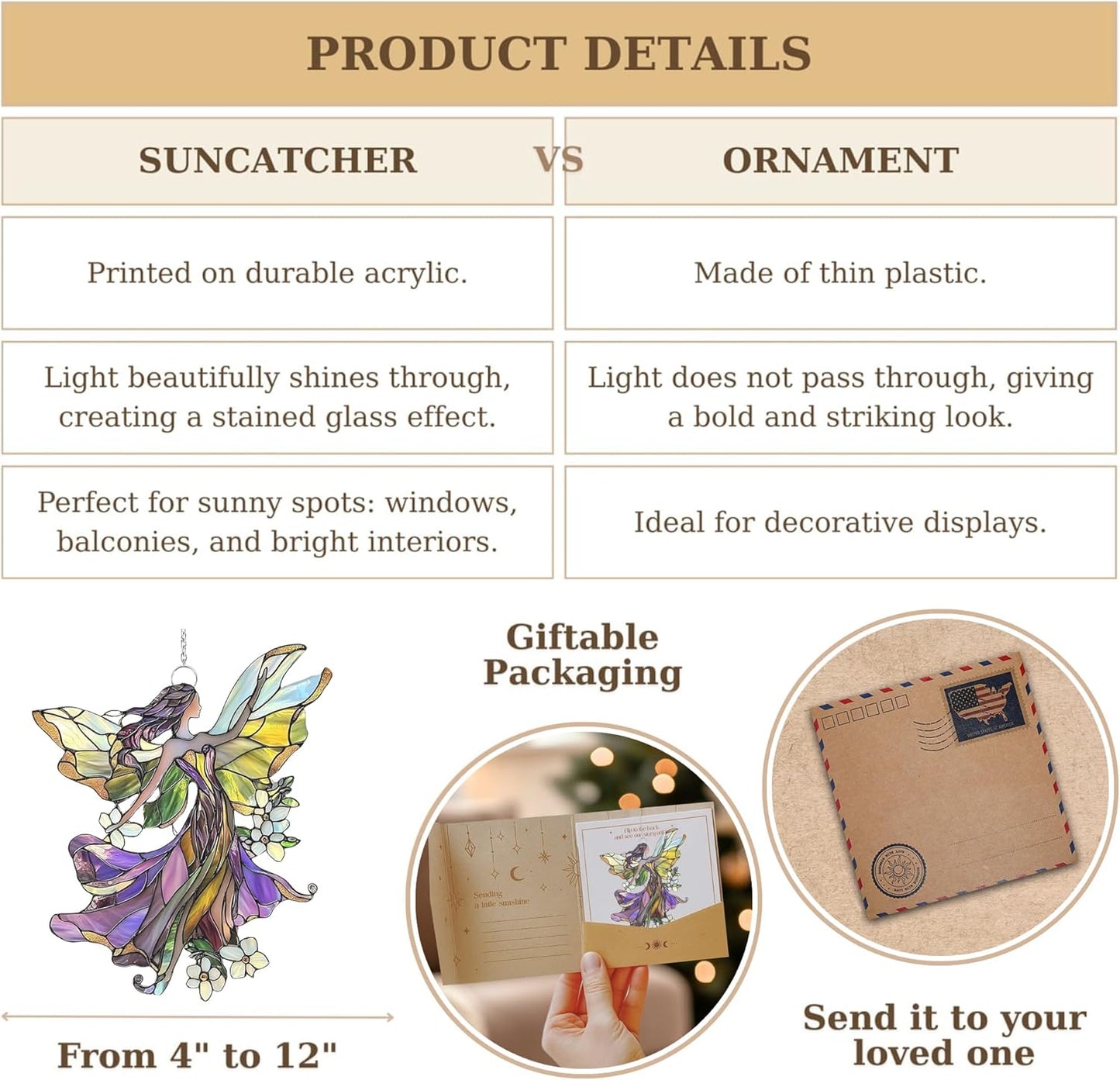Floral Fairy Acrylic Suncatcher Stained Glass Effect Window Car Hanging Christmas Ornament Indoor Outdoor Decor Garden Sun Catcher Panel Gifts for Fairy Tale Lover for Women Mom Grandma