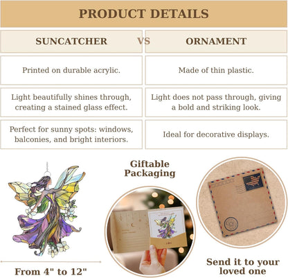Floral Fairy Acrylic Suncatcher Stained Glass Effect Window Car Hanging Christmas Ornament Indoor Outdoor Decor Garden Sun Catcher Panel Gifts for Fairy Tale Lover for Women Mom Grandma