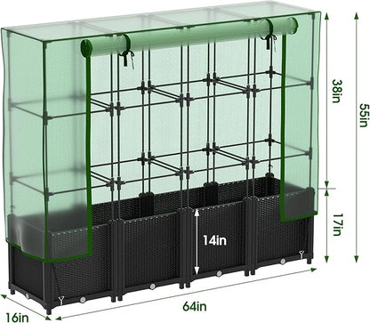 Onelike 64'' x 16'' x 55.5'' Plastic Raised Garden Bed with Greenhouse Cover and Trellis, Vertical Tomato Planters for Climbing Plants, Self Watering System Tomatoes Cage for Patio,Black,Large