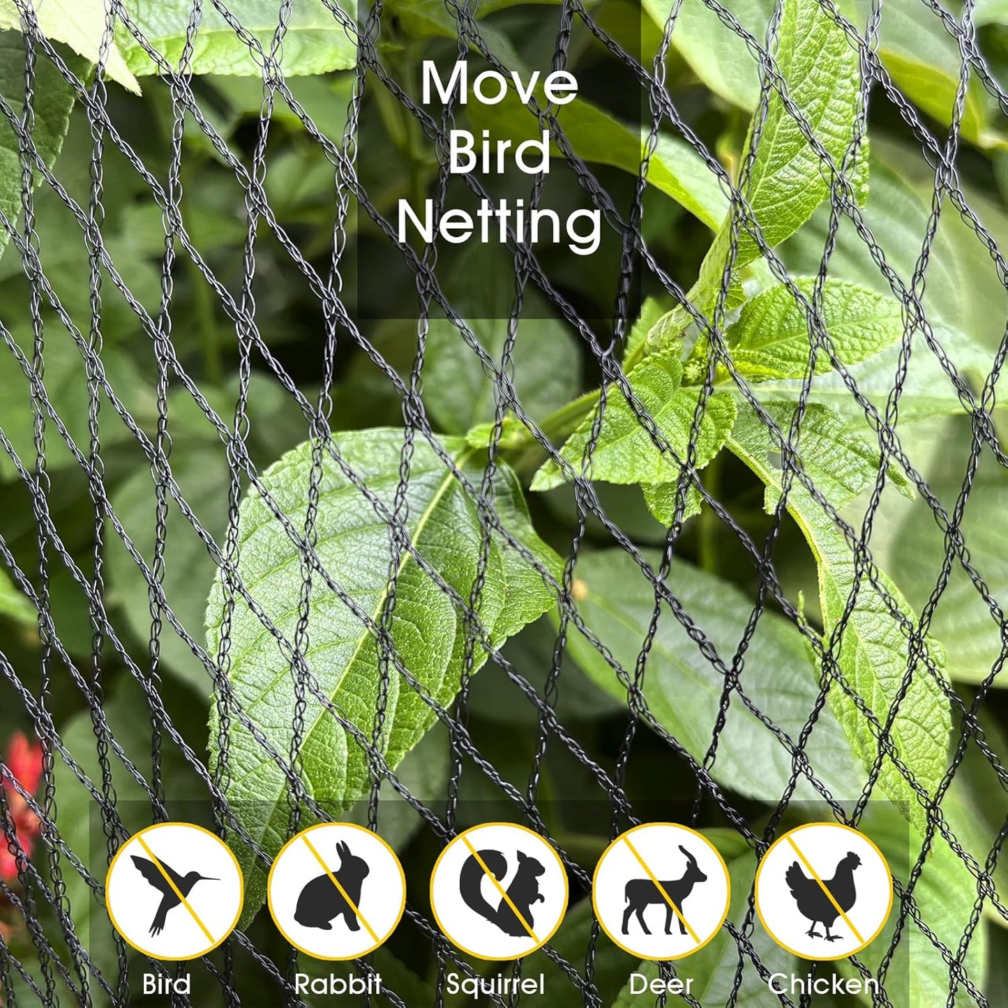 Bird Netting for Garden, 49 x 49FT Heavy Duty Anti Bird Netting Mesh with Ties and Landscape Staples for Vegetable, Fruit Trees & Other Plants, Lasting Against Birds Squirrels and Poultry, Black