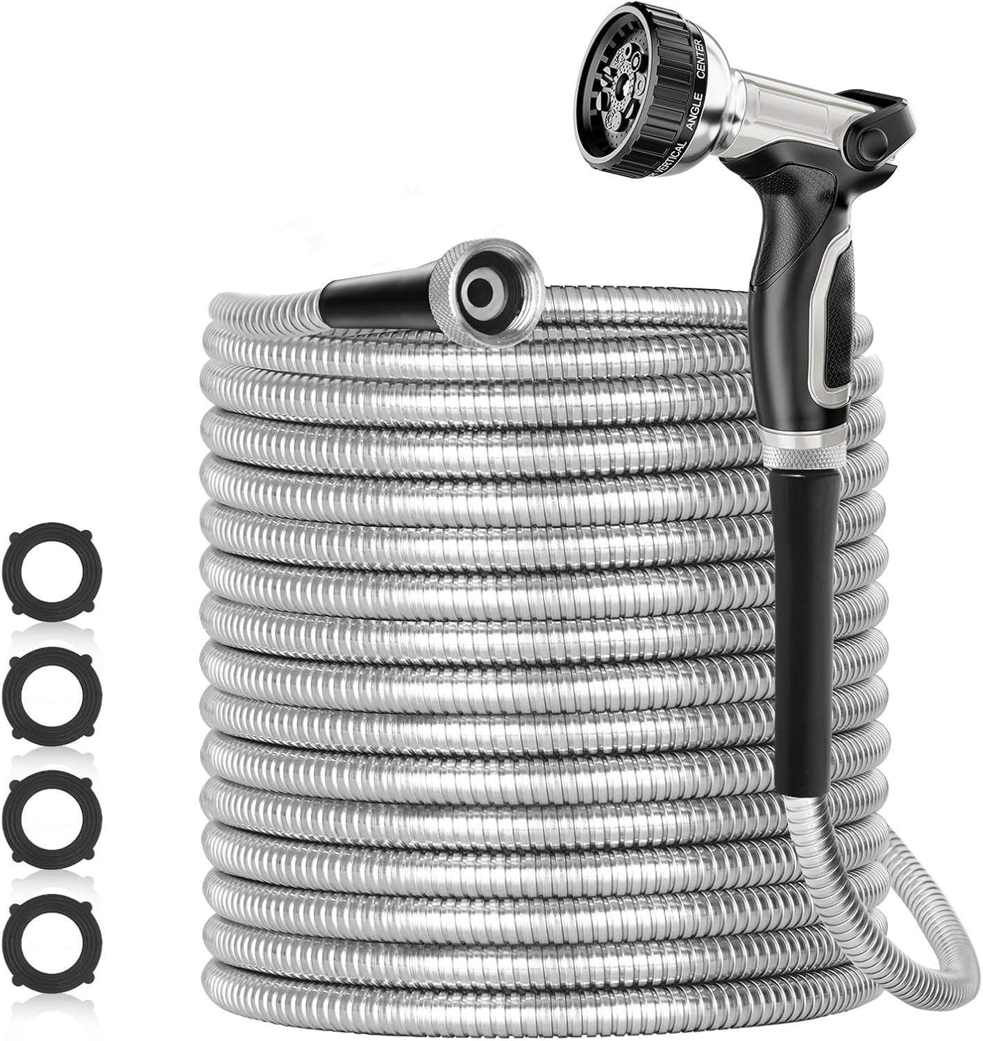 SPECILITE 125ft 304 Stainless Steel Garden Hose Metal, Heavy Duty Water Pipe with Nozzles for Yard, Outdoor - Flexible, Never Kink & Tangle, Puncture Resistant (Sliver)