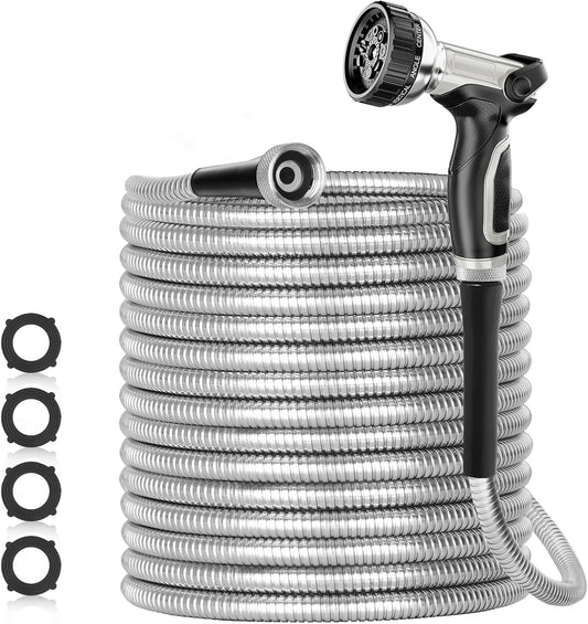 SPECILITE 125ft 304 Stainless Steel Garden Hose Metal, Heavy Duty Water Pipe with Nozzles for Yard, Outdoor - Flexible, Never Kink & Tangle, Puncture Resistant (Sliver)