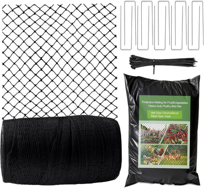 Garden Bird Net, 13 X 40 Feet Heavy-Duty Poultry Bird Net, with 50 Straps and 10 Staples, Used for Fruit Trees, Plants, Vegetables, and Garden Nets Against Birds and Deer